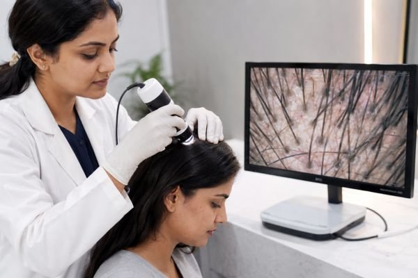 Close examination of the scalp for a hair follicle health evaluation