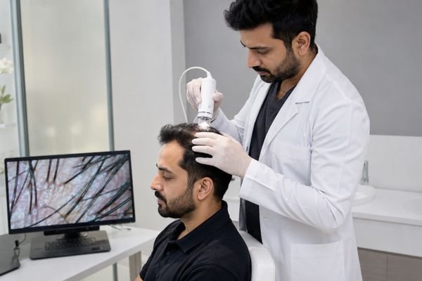 Tricho scanner being used to analyze the scalp and hair follicles